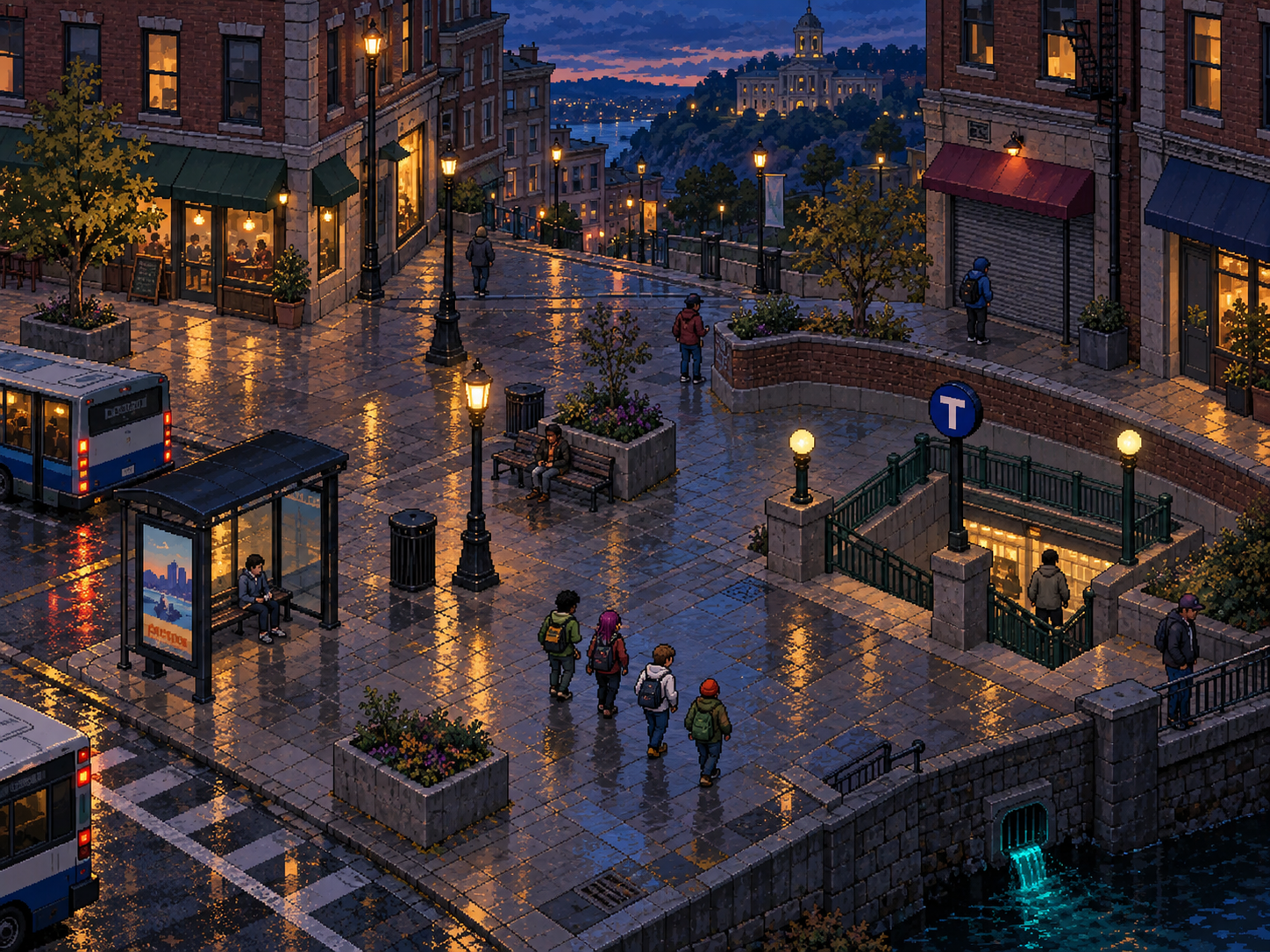 Pixel-art game concept showing a four-person party crossing a rain-slicked Getty Square-inspired transit plaza at dusk